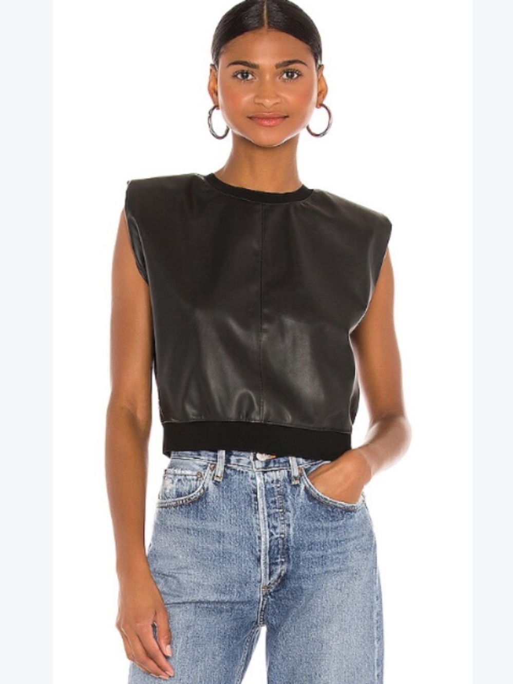 Express Black Faux Leather Cropped Padded-Shoulder Tank